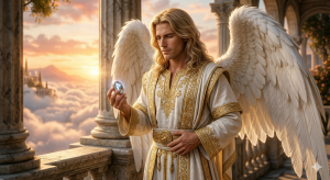 Angelic figure with large white wings and gold-embroidered robes holds a glowing gem on a marble balcony at sunset above the clouds.