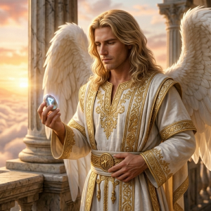 Angelic figure with large white wings and gold-embroidered robes holds a glowing gem on a marble balcony at sunset above the clouds.