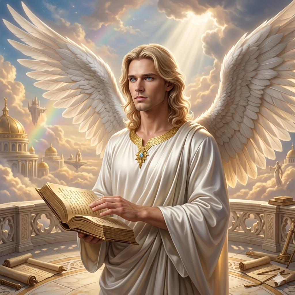 Angel with large white wings in a white robe reads an open book on a marble balcony above the clouds.