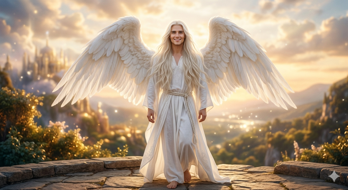 Angel with large white wings stands barefoot on a stone terrace at sunset, overlooking a valley and distant glow.