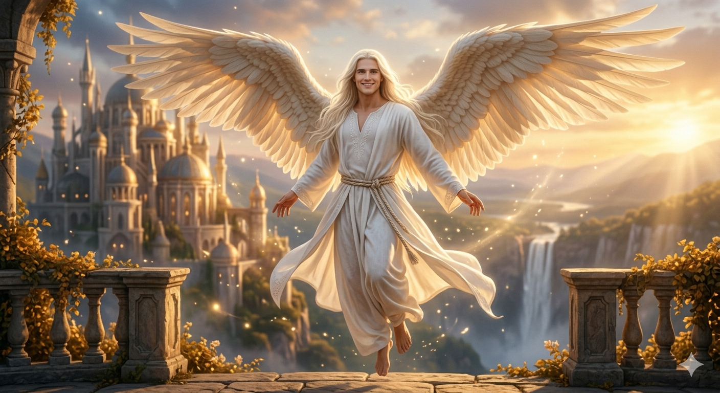 Angel with large white wings hovers above a stone balcony, overlooking a sunlit fantasy city and waterfalls.