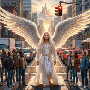 Angelic figure with large white wings stands in the middle of a city street as a crowd watches in awe at sunset/sunlit skyline behind her.