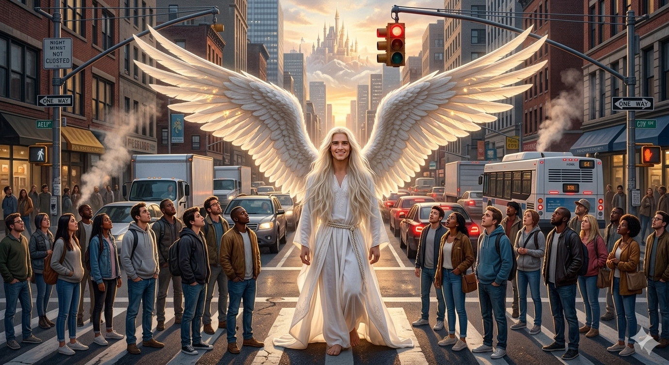 Angelic figure with large white wings stands in the middle of a city street as a crowd watches in awe at sunset/sunlit skyline behind her.