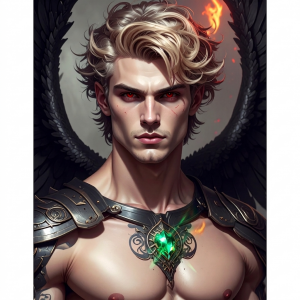 Portrait of a muscular, winged warrior with black wings, blond hair, red eyes, and ornate armor with a glowing emerald chest gem.