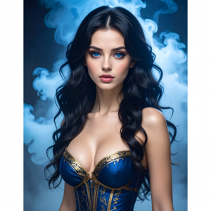 Portrait of a woman with long dark hair and blue eyes wearing a blue and gold corset, surrounded by blue smoke.