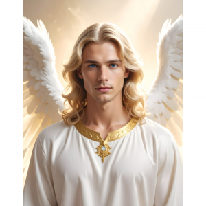 Angelic figure with long blonde hair, white robe, gold decorative collar, and white wings against a soft golden glow.