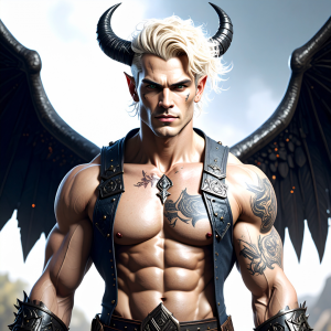 Winged demon warrior with white hair, black horns, and dark leather armor, facing forward with a stern expression.