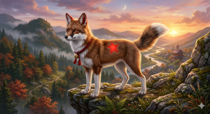Fox-like dog stands on a rocky cliff at sunset, overlooking a valley with autumn trees and distant temple roofs.