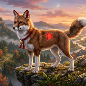 Fox-like dog stands on a rocky cliff at sunset, overlooking a valley with autumn trees and distant temple roofs.