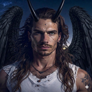Fantasy character with black wings, devilish horns, long hair, and a torn white sleeveless shirt against a night sky.