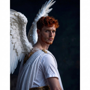 Young man with red hair and a beard wearing a white tunic and large white angel wings against a dark backdrop.