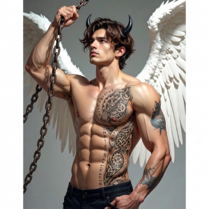 Muscular shirtless man with black devil horns and large white angel wings, gripping a heavy chain, with intricate tattoo sleeves and torso designs.