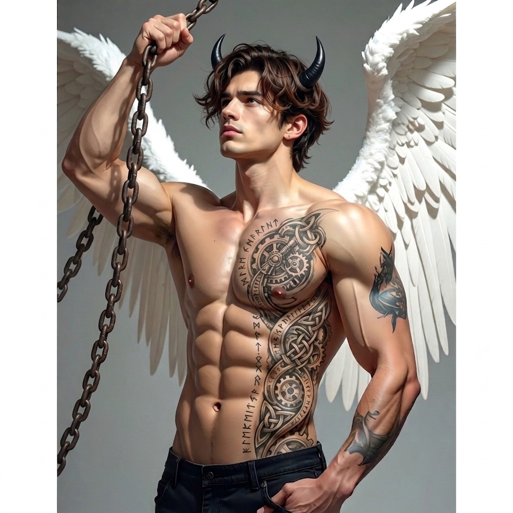 Muscular shirtless man with black devil horns and large white angel wings, gripping a heavy chain, with intricate tattoo sleeves and torso designs.
